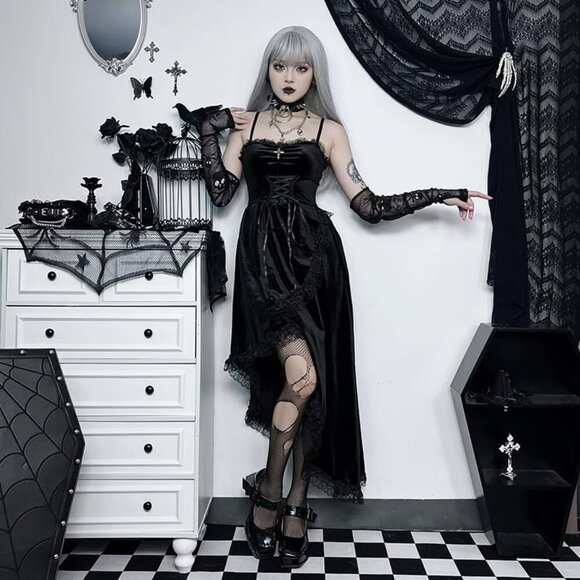 Women's Gothic Sexy Patchwork Velvet Slit Asymmetric Goth Dress - Picture 7 of 7